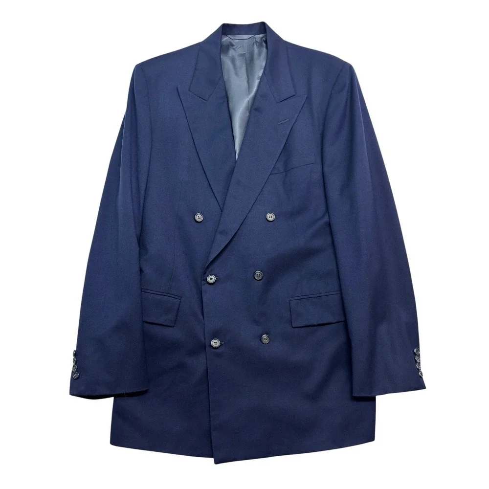 vtg 90s USA Made 42L Blue Double Breasted Blazer Jacket Soft Wool Custom Bespoke